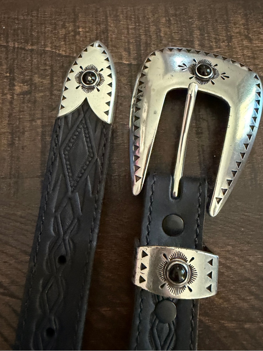 Tony Lama Black Leather Belt with Silver Western Buckle